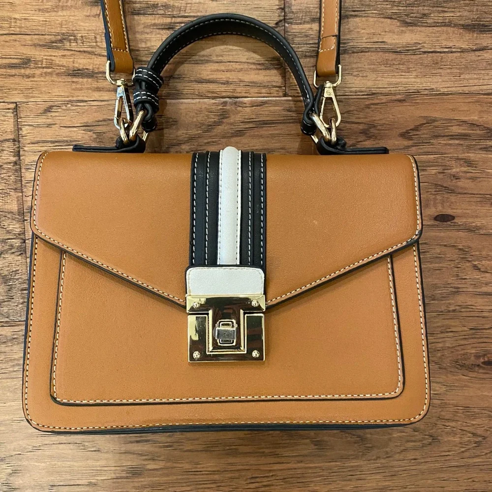 Tan Faux Leather Striped Satchel Crossbody Bag Gold Hardware Top Handle Handbag